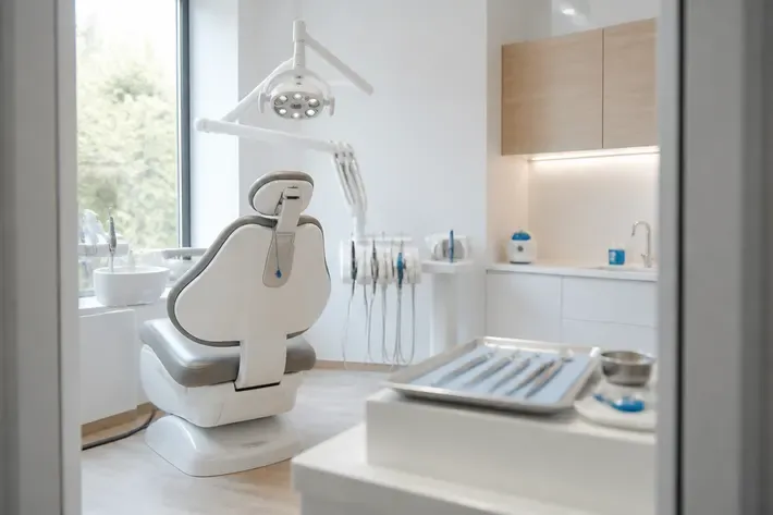 A treatment room prepared for an appointment: dental chair, lamp, and instrument tray — illustration for the section "Bar and telescopic attachment systems"