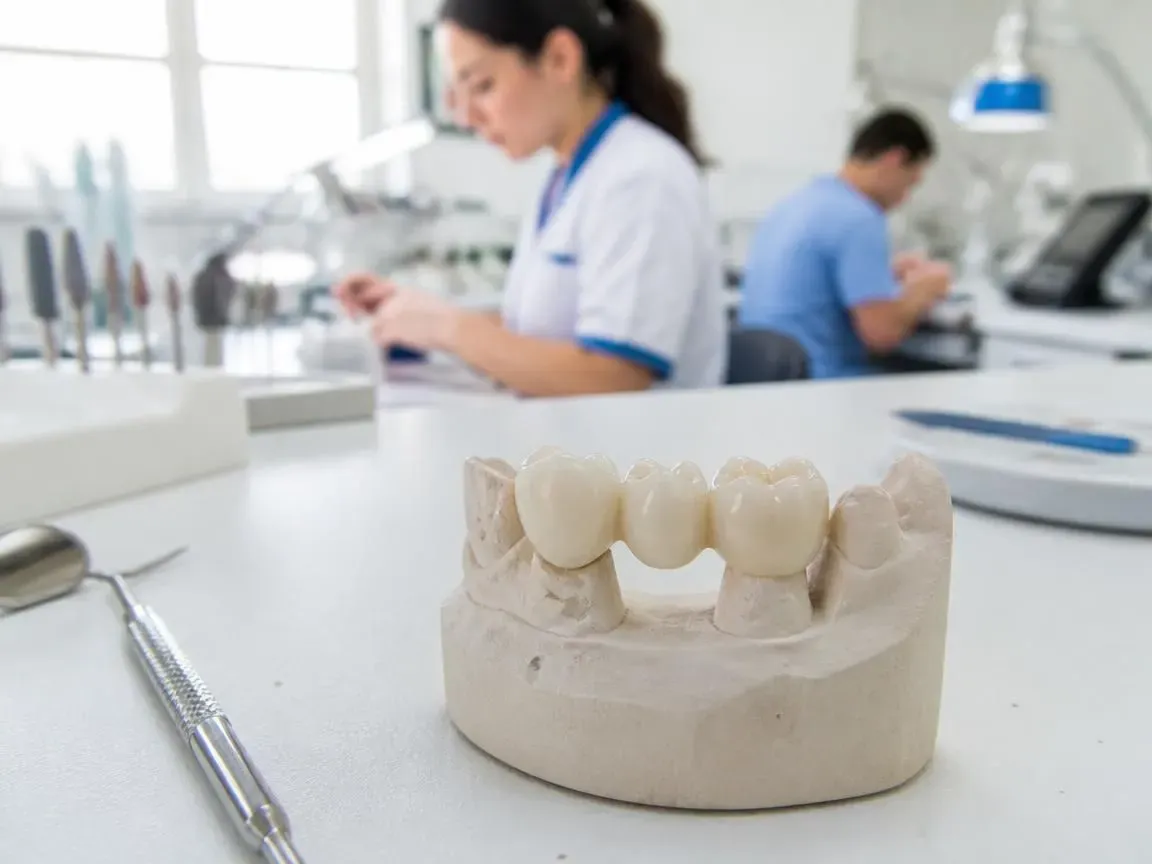 Ceramic dental bridge on a plaster model