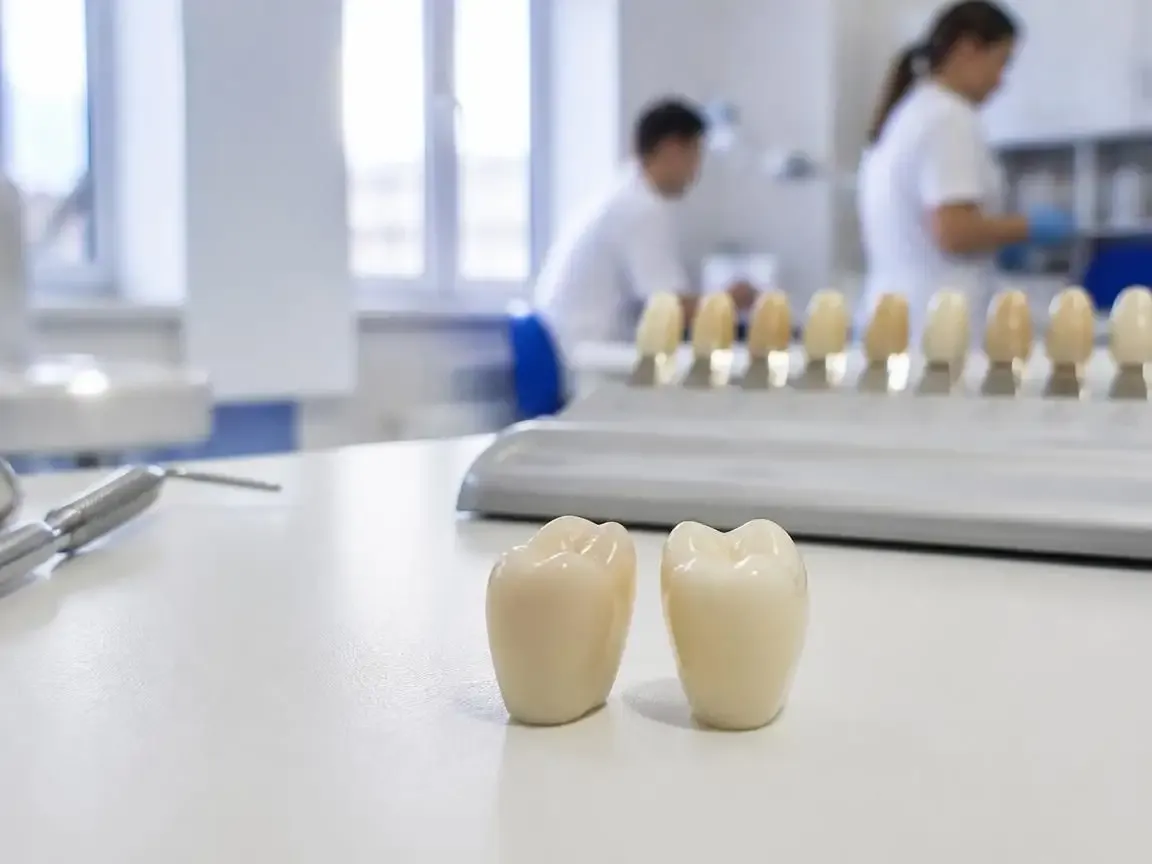 Zirconia crowns on a dental laboratory workbench