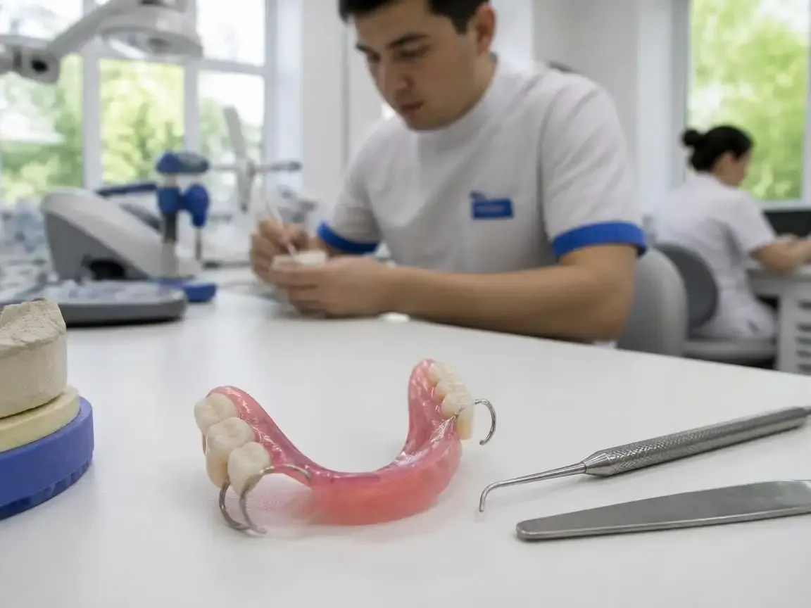 Removable denture with acrylic base on the workbench