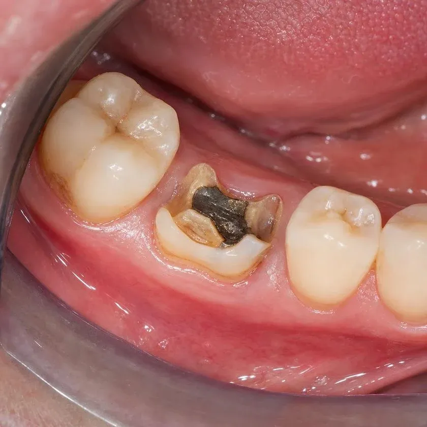 Broken-down lower molar with an old filling before treatment