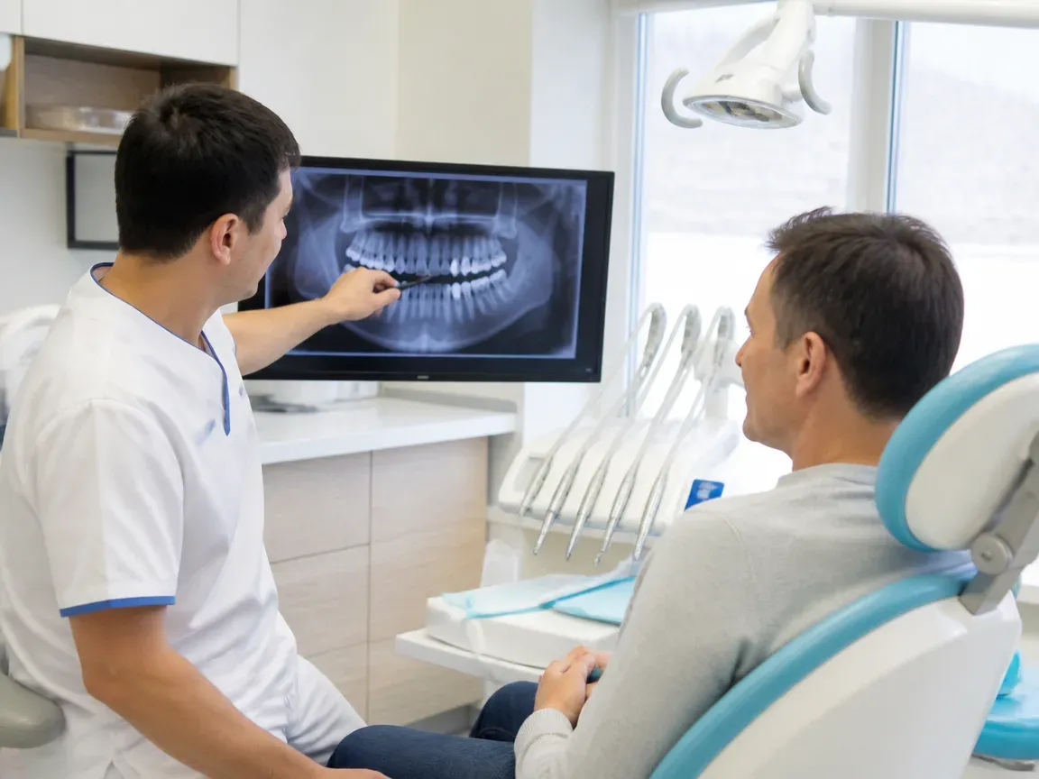 Consultation: doctor and patient at a screen with an X-ray — illustration for the section "Examination and treatment plan"