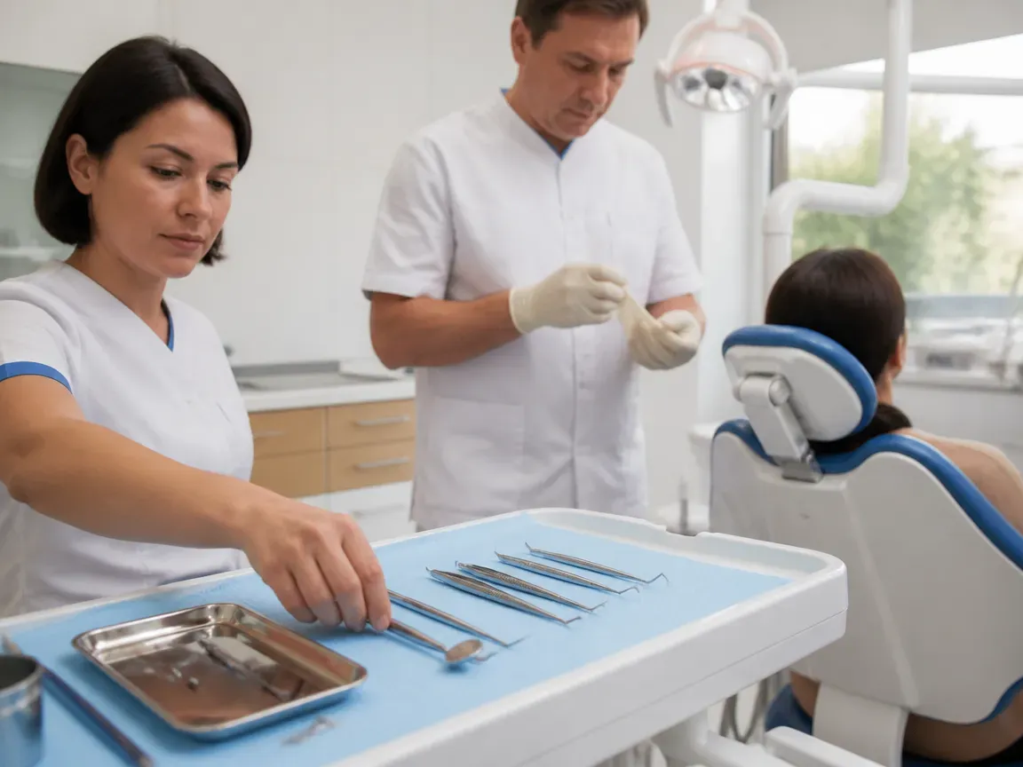 Preparation: the assistant lays out sterile instruments, the dentist puts on gloves — illustration for the section "Oral cavity preparation"