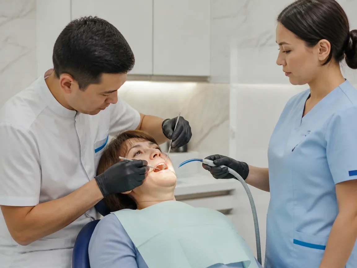 Follow-up visit: the dentist checks the result with a mirror while the assistant holds the saliva ejector — illustration for the section "Bonding and follow-up examinations"
