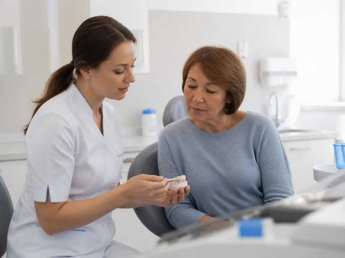 End of appointment: the doctor next to the patient goes over aftercare recommendations — illustration for the section "Is preparation needed before prosthetics"