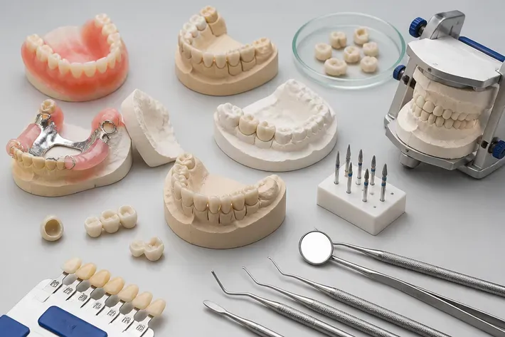 Tools and materials for this type of treatment, laid out on a light surface — an illustration for the section "What types of prosthetics exist and how do they differ"