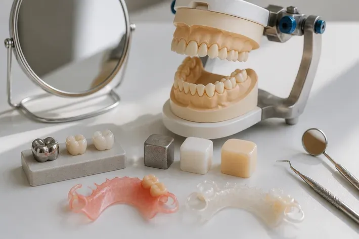 A jaw model and material samples on the dentist's table next to a mirror and probe — an illustration for the section "What kind of prosthesis can be placed on a single tooth"