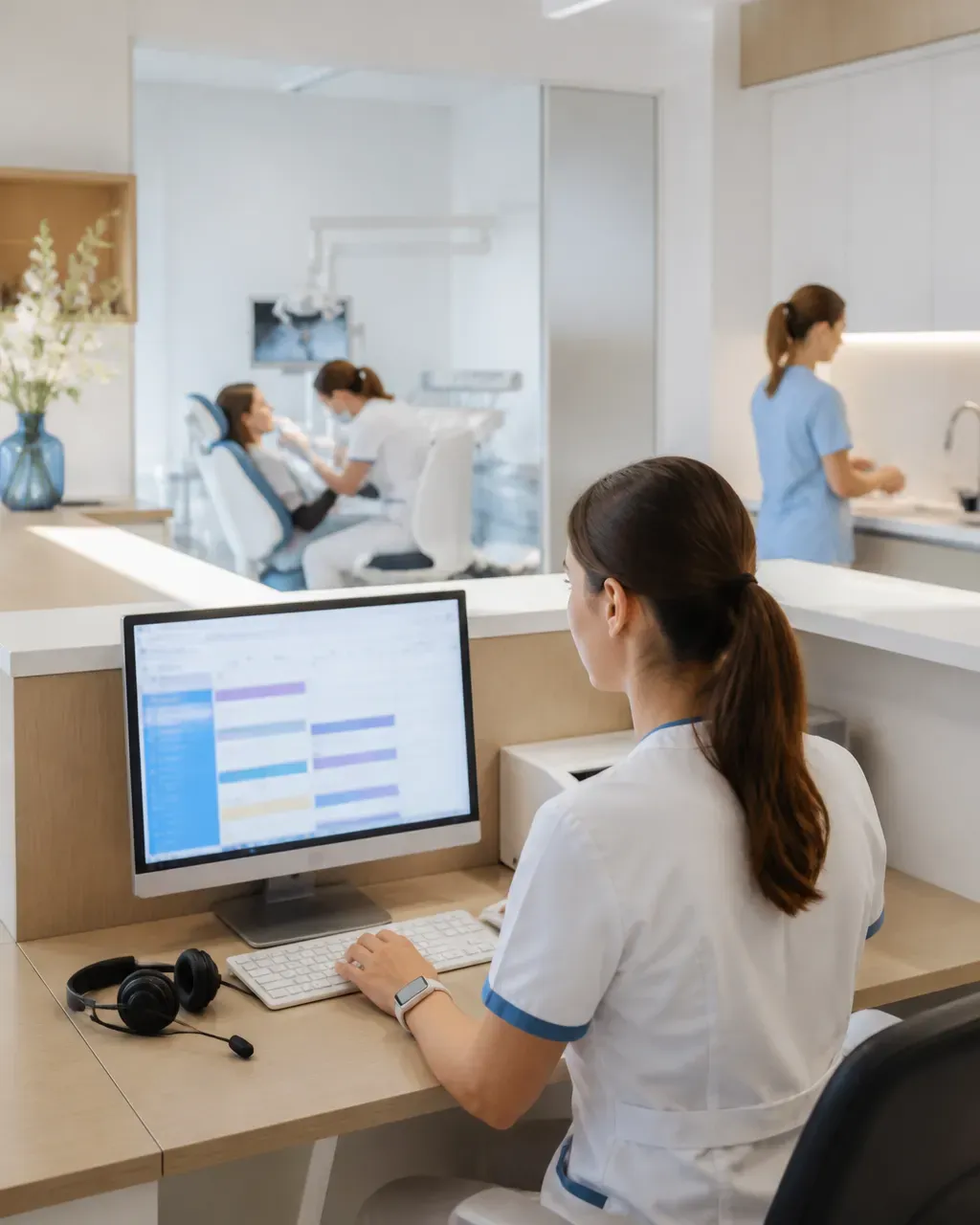 The clinic administrator answers patient messages at the front desk