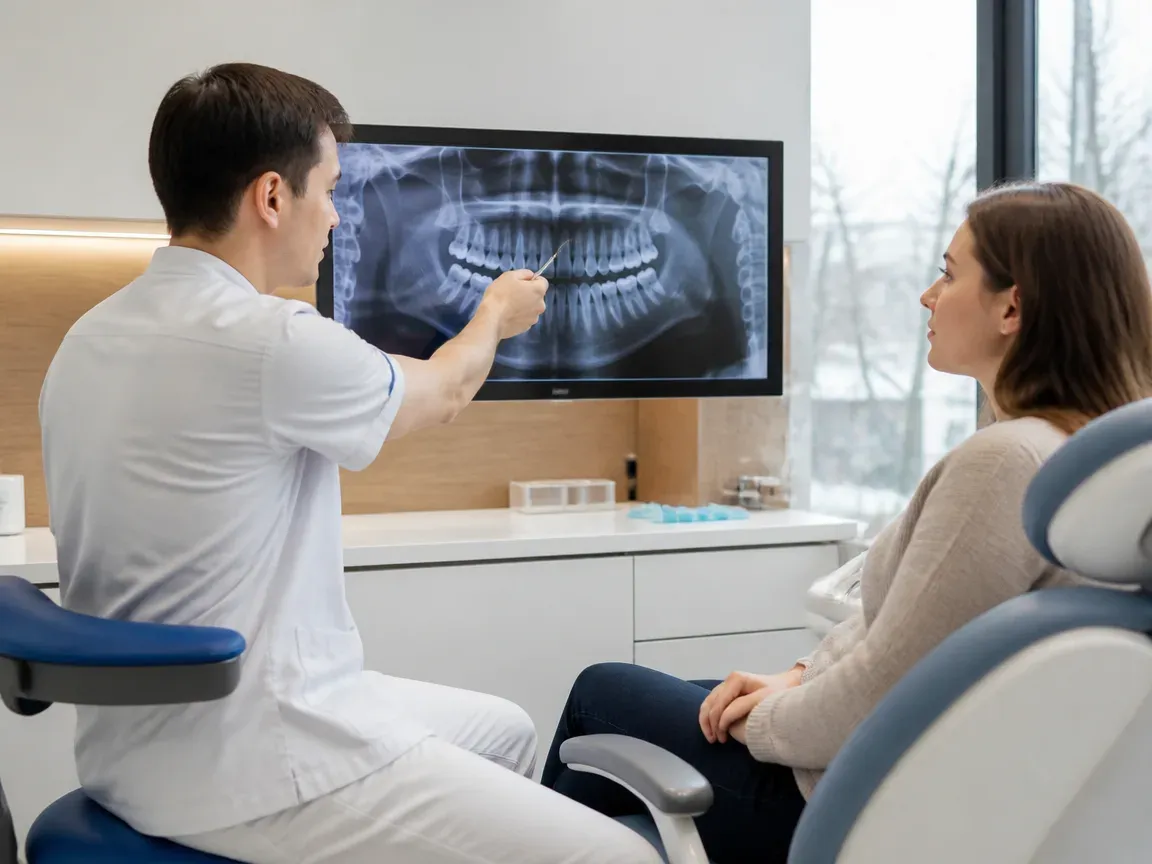 Consultation: doctor and patient at a screen with an X-ray — illustration for the section "How prosthetics of primary teeth is performed"