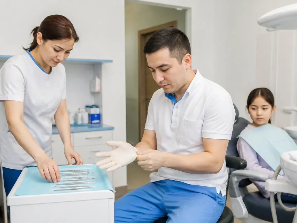 Preparation: the assistant lays out sterile instruments, the dentist puts on gloves — illustration for the section "Getting used to a child's denture"
