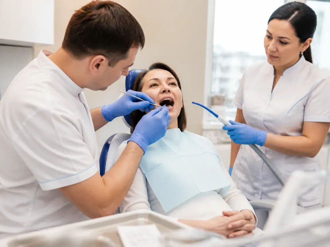 Follow-up visit: the dentist checks the result with a mirror while the assistant holds the saliva ejector — illustration for the section "Bonding and adjustment"