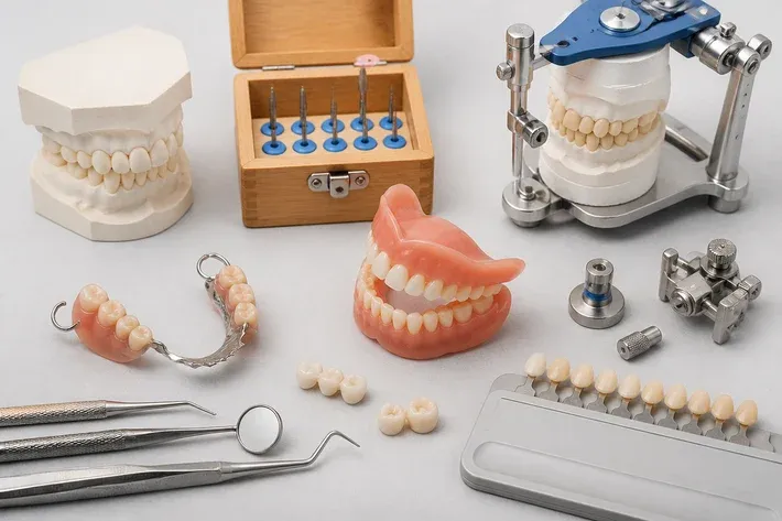 Tools and materials for this type of treatment, laid out on a light surface — an illustration for the section "Types of pediatric dental prostheses"