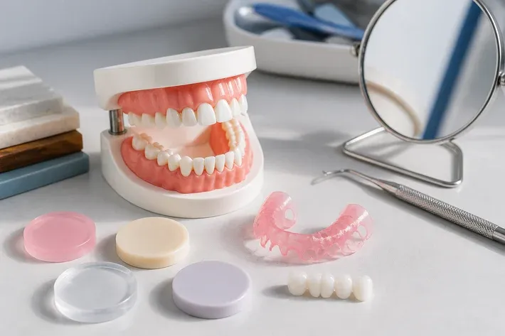 A jaw model and material samples on the dentist's table next to a mirror and probe — an illustration for the section "Materials for pediatric prostheses"