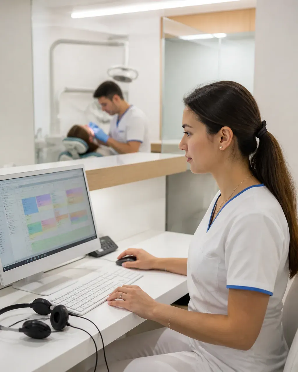The clinic administrator answers patient messages at the front desk
