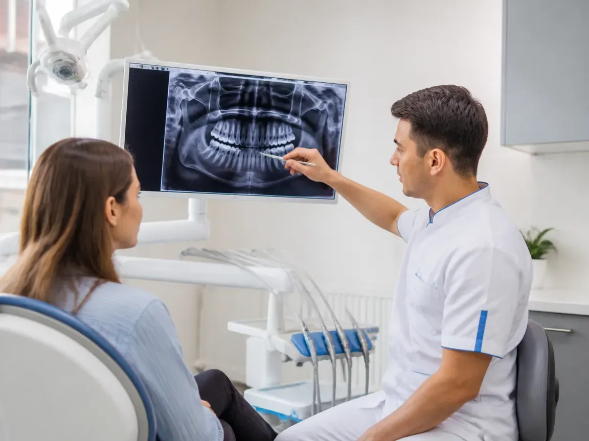 Consultation: doctor and patient at a screen with an X-ray — illustration for the section "Examination and determination of whether the procedure is necessary"