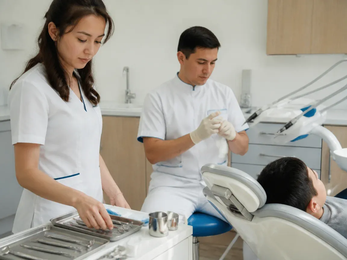 Preparation: the assistant lays out sterile instruments, the dentist puts on gloves — illustration for the section "Tooth preparation"