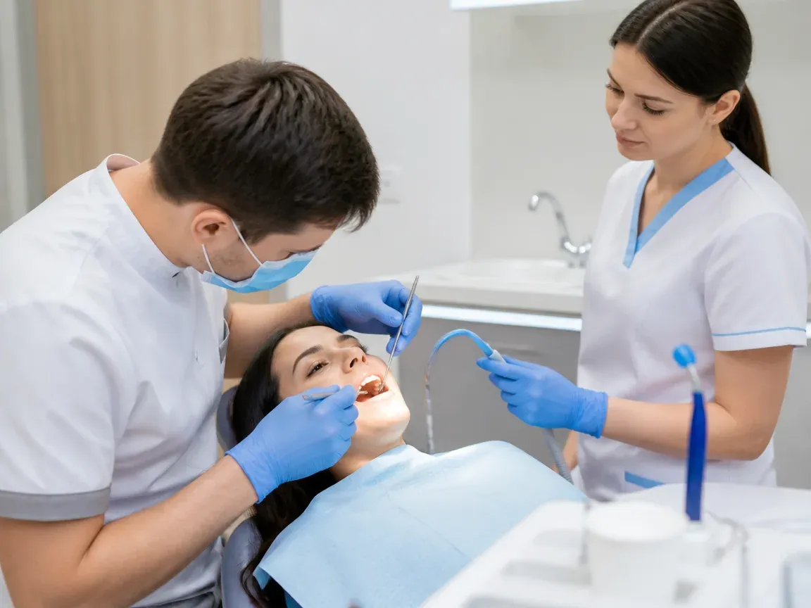 Follow-up visit: the dentist checks the result with a mirror while the assistant holds the saliva ejector — illustration for the section "How many procedures are needed and at what intervals"