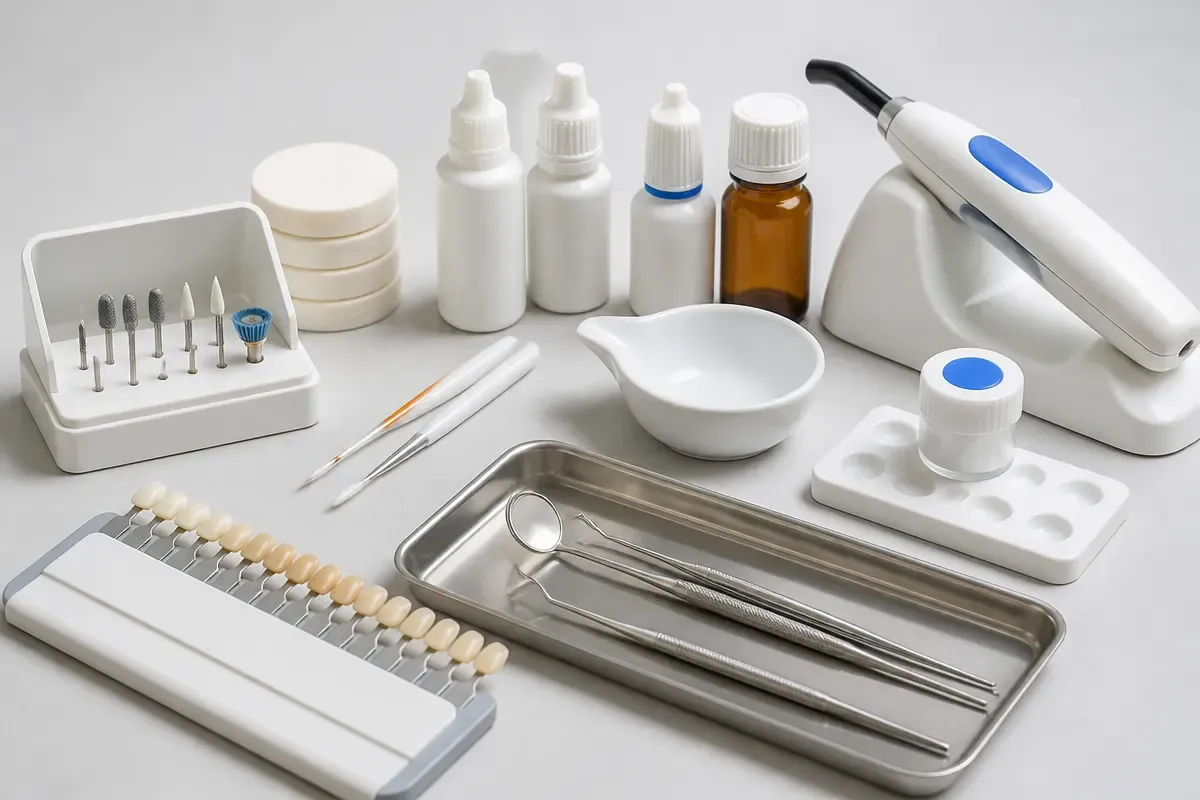 Instruments and materials for this type of treatment, laid out on a light surface — an illustration for the section "In-office remineralization with calcium and phosphorus preparations"