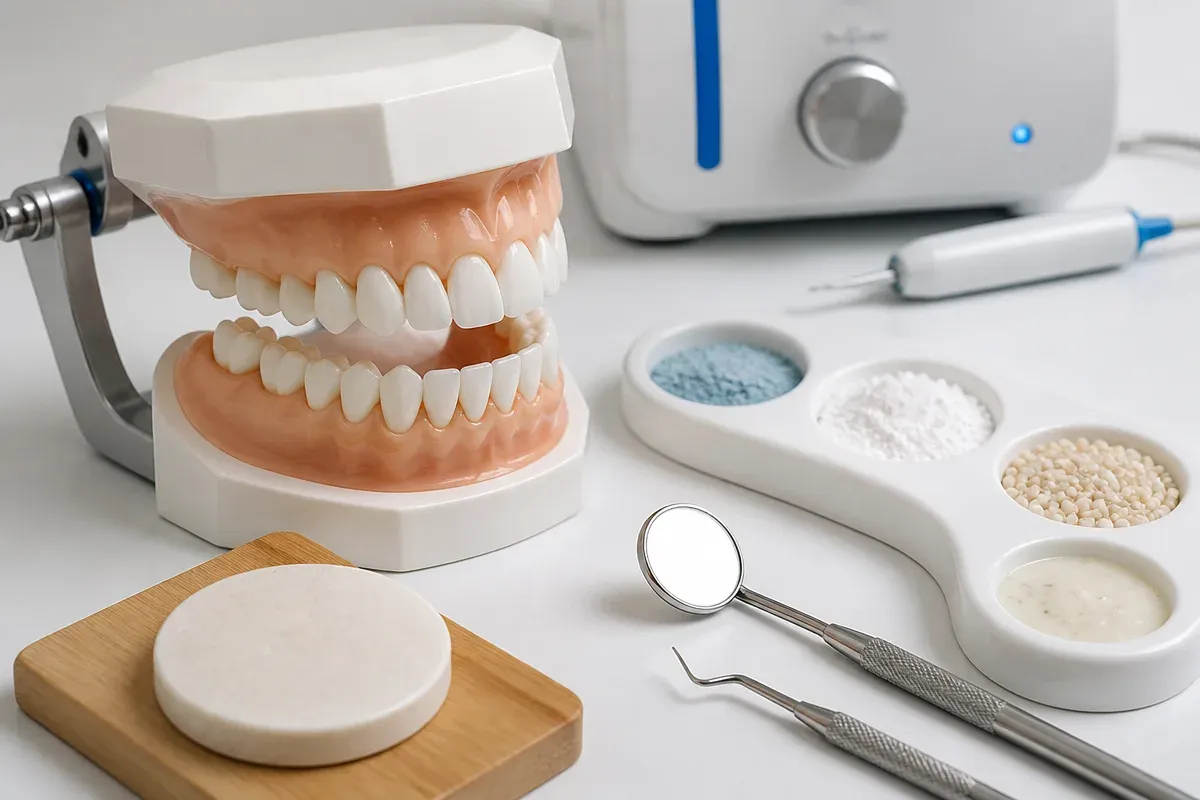 A jaw model and material samples on the dentist's table next to a mirror and probe — an illustration for the section "Enamel spraying and enamel coating of teeth"