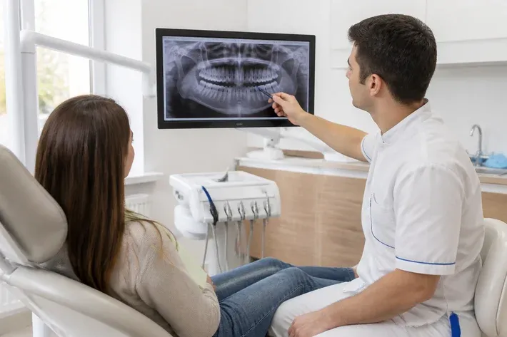 Doctor showing a patient an X-ray on screen and explaining the treatment plan — illustration for the "Home remineralization" section