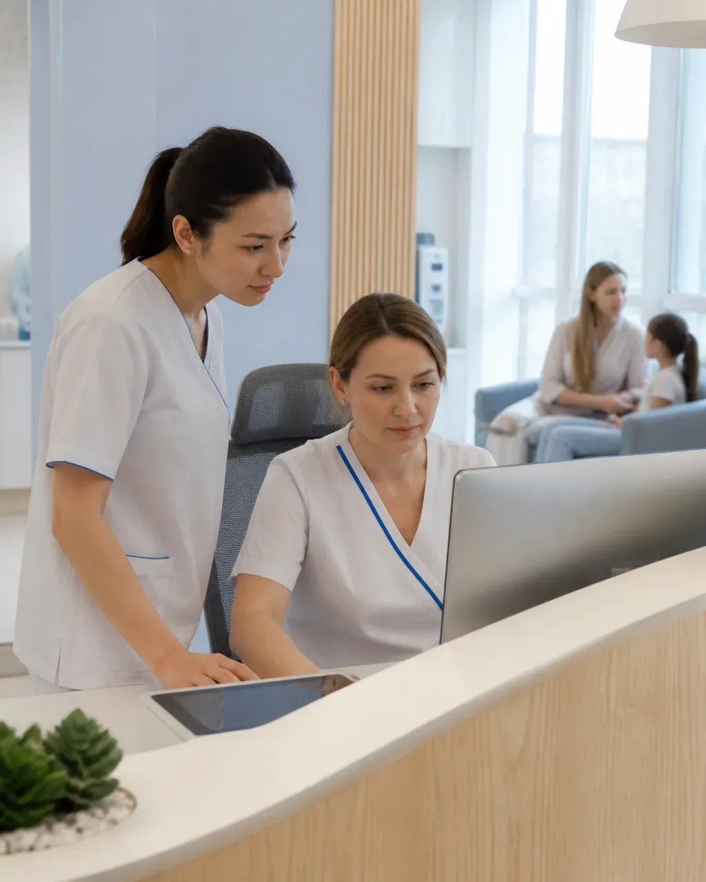 Clinic administrators check the appointment schedule on the screen at the front desk