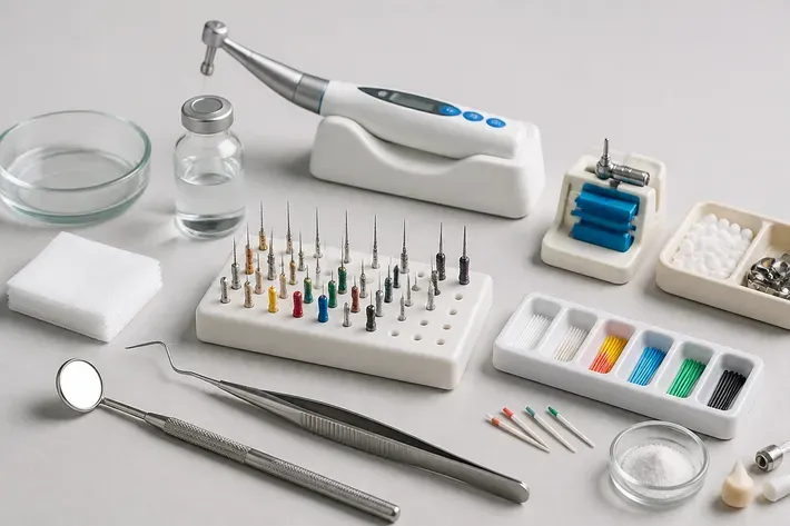 Instruments and materials for this type of treatment, laid out on a light surface — an illustration for the section "Periapical X-ray of one or more teeth"