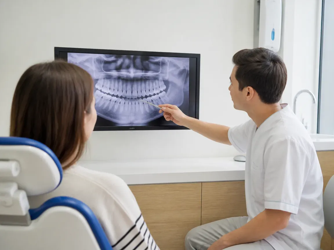 Consultation: doctor and patient at a screen with an X-ray — illustration for the section "How dental X-rays are done for children: a step-by-step process"
