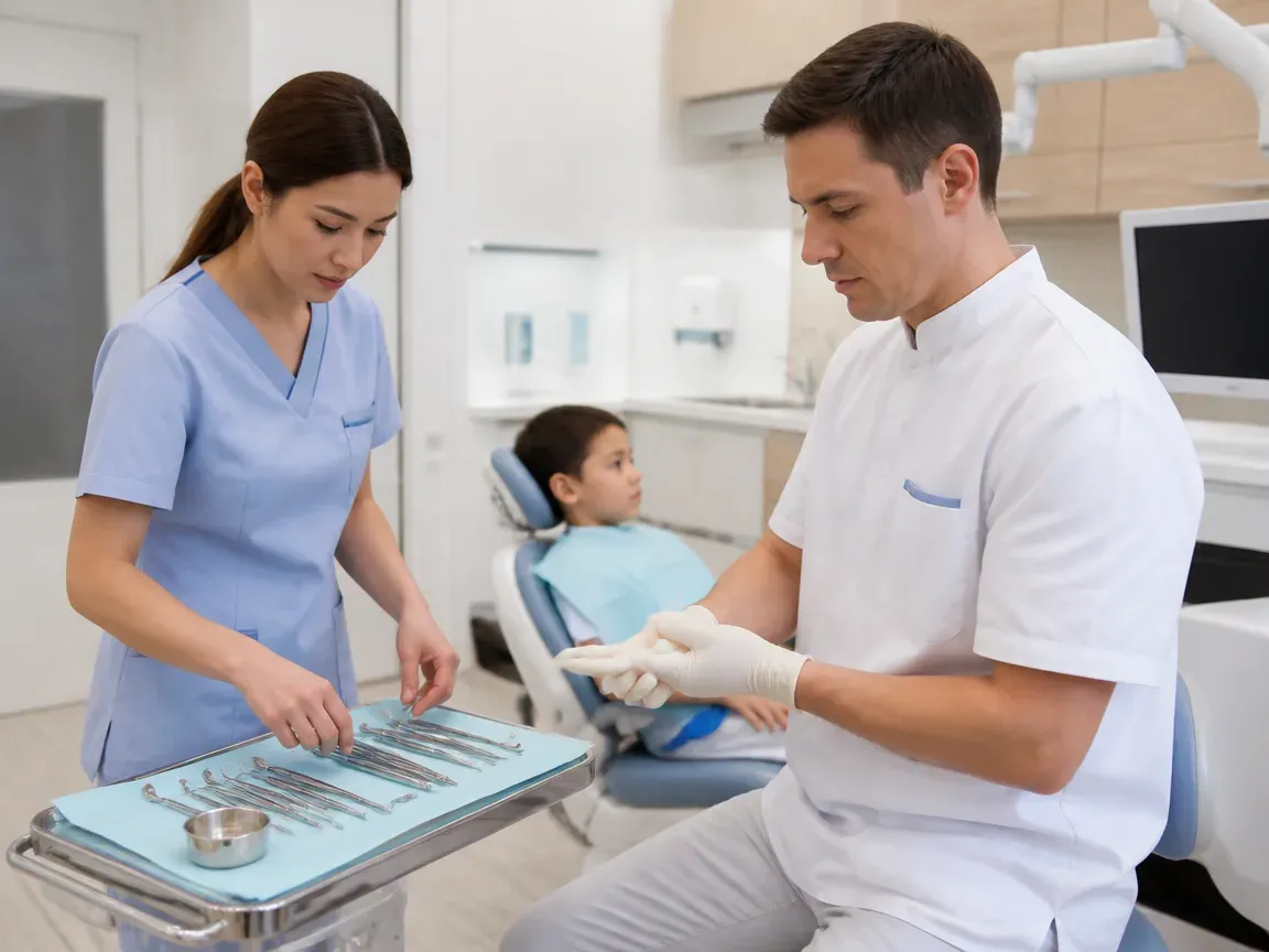 Preparation: the assistant lays out sterile instruments, the doctor puts on gloves — illustration for the section "How a child's jaw X-ray is performed during orthodontic treatment"