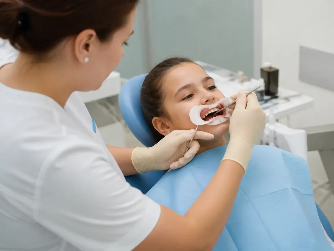 The treatment stage itself: the dentist's gloved hands working inside the oral cavity — an illustration for the section "Panoramic dental X-rays for children: when they are prescribed and how the procedure is performed"