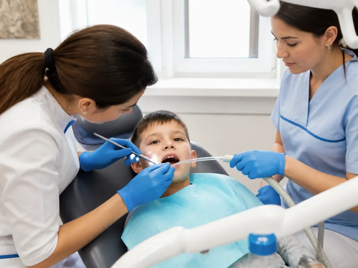 Follow-up visit: the dentist checks the result with a mirror while the assistant holds the saliva ejector — illustration for the section "Dental X-rays for children: what is clarified before the procedure"