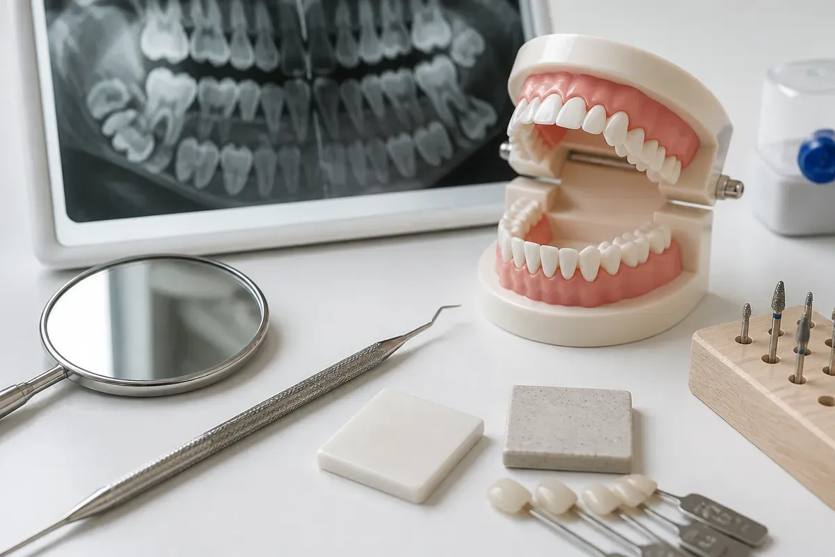 A jaw model and material samples on the dentist's table next to a mirror and probe — an illustration for the section "What can be seen on X-rays of baby teeth: hidden caries, roots, and developing permanent teeth"
