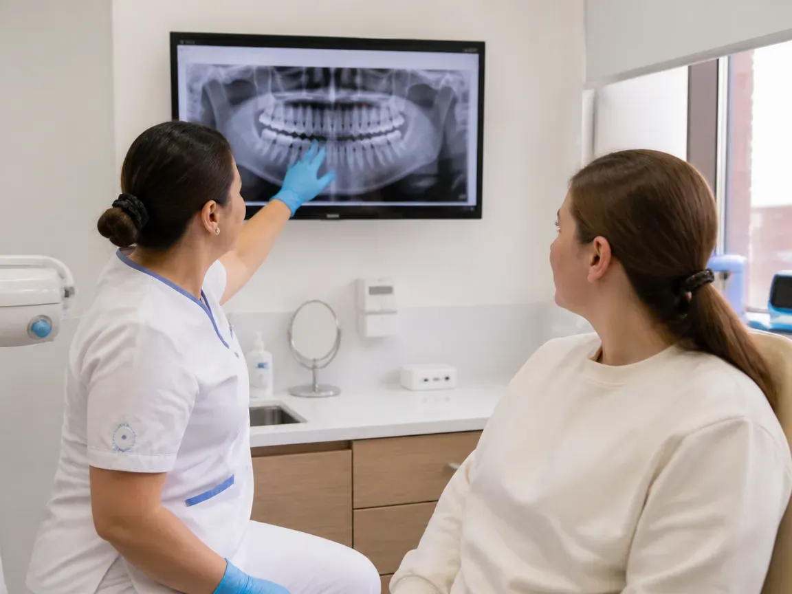 Consultation: doctor and patient at a screen with an X-ray — illustration for the section "What is included in the initial appointment before dental restorations for a child"