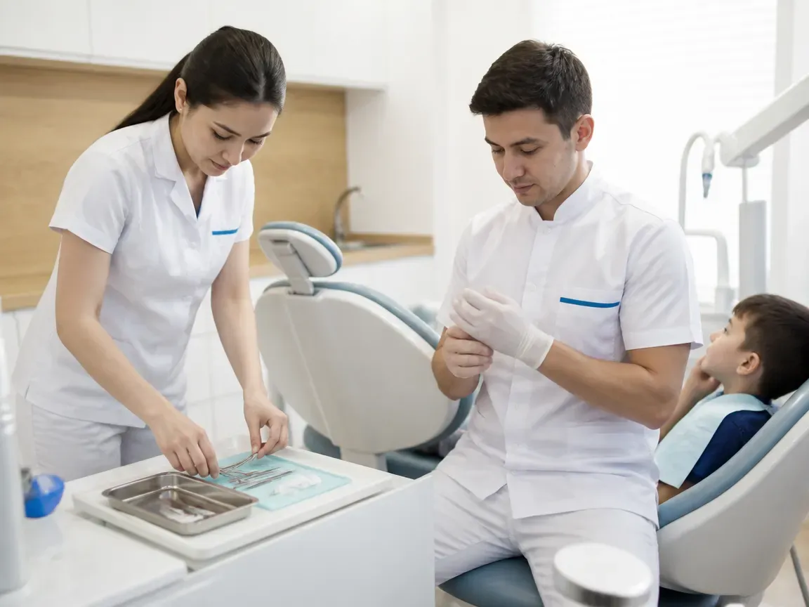 Preparation: the assistant lays out sterile instruments, the dentist puts on gloves — illustration for the section "How restoration of anterior primary teeth is performed"