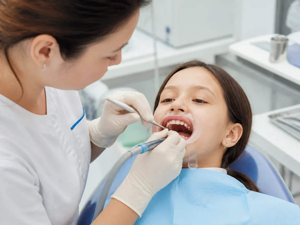 The treatment stage itself: the doctor's gloved hands working in the oral cavity — an illustration for the section "Preparation and Anesthesia"