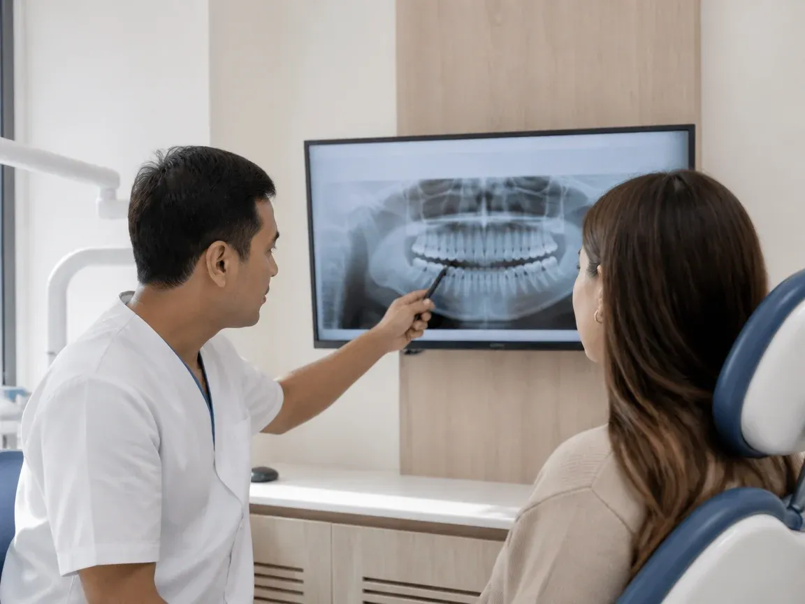 Consultation: doctor and patient at a screen with an X-ray — illustration for the section "Understanding how the restoration procedure is performed"