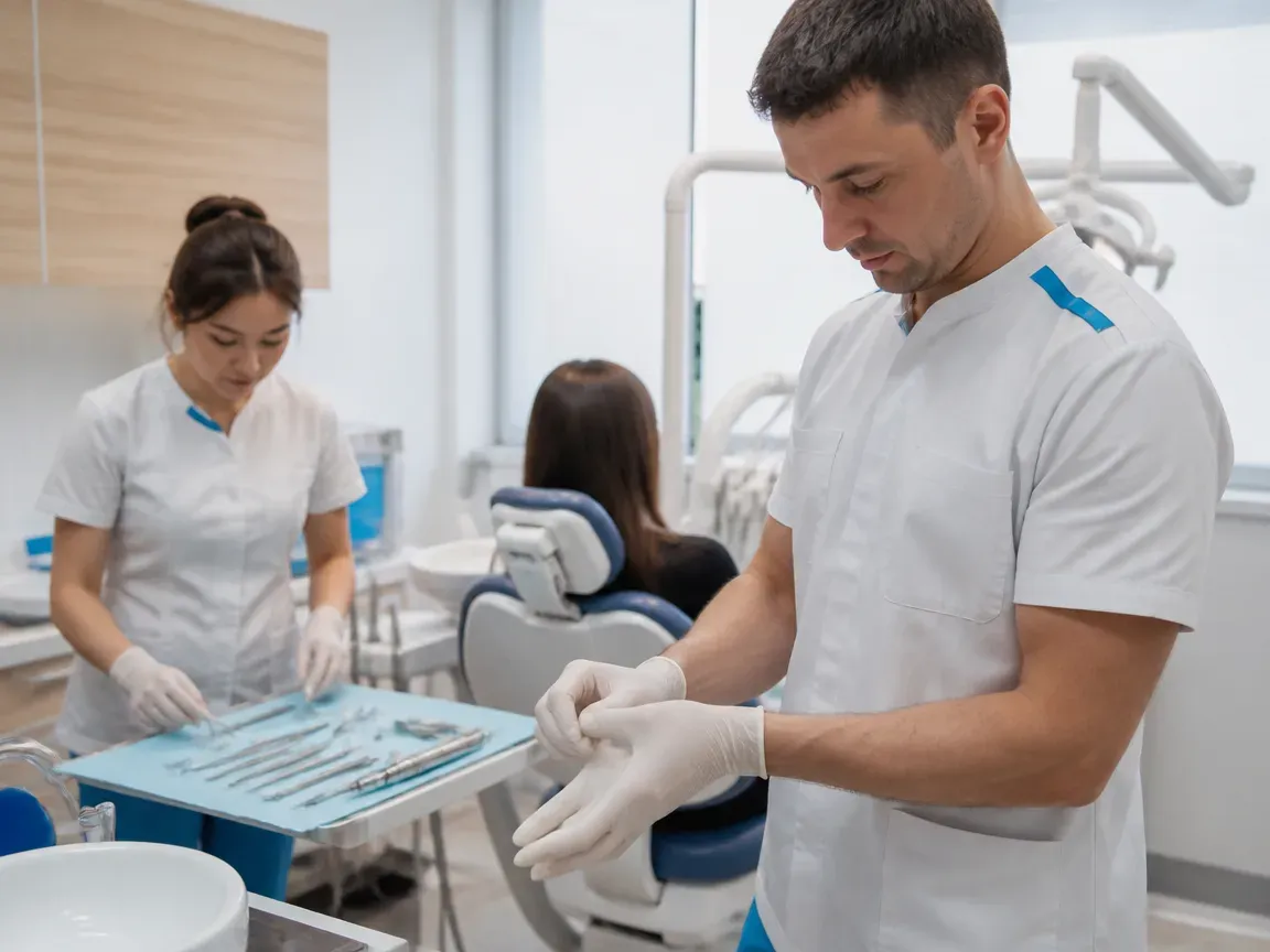 Preparation: the assistant lays out sterile instruments, the dentist puts on gloves — illustration for the section "Examination and Diagnosis"