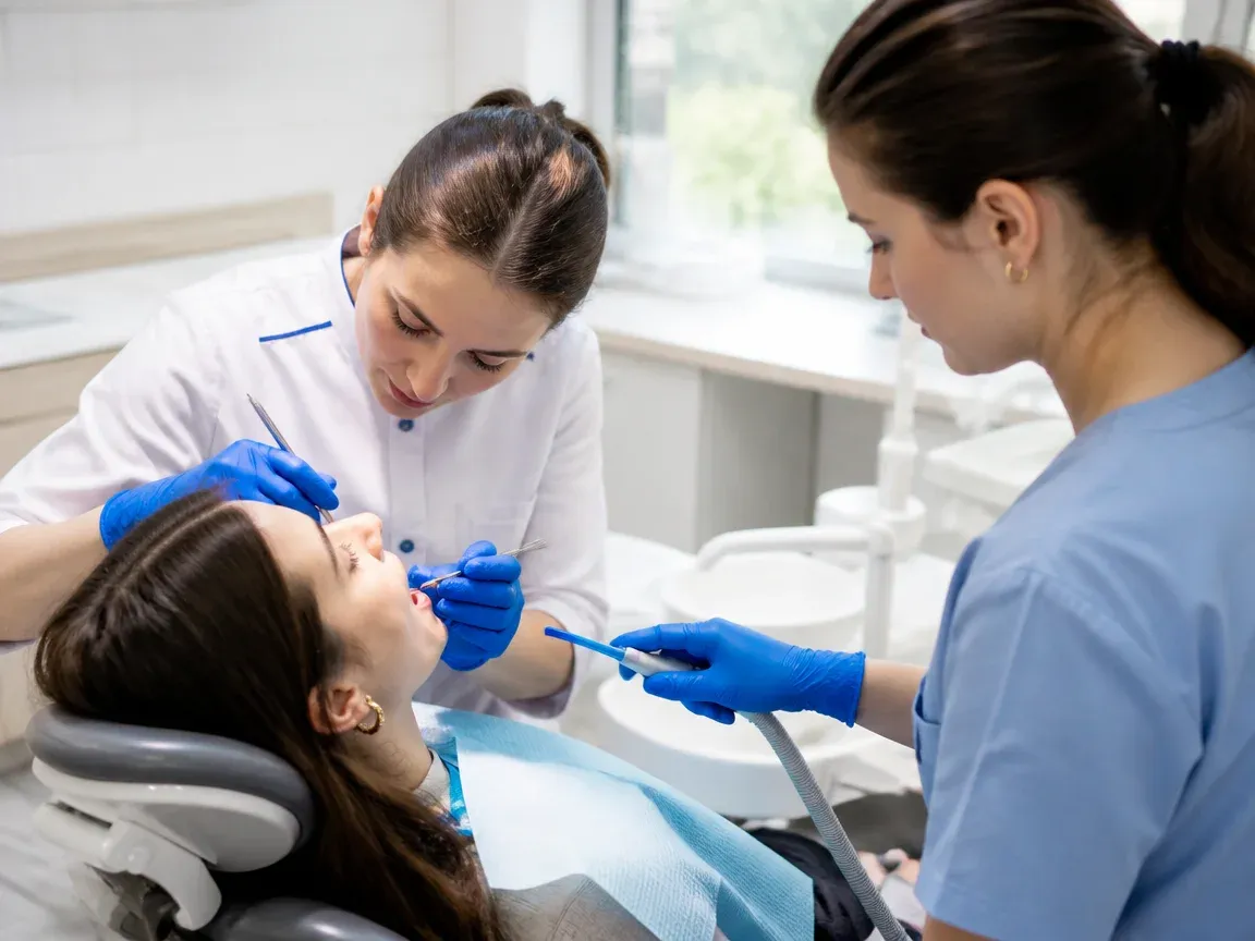 Follow-up visit: the dentist checks the result with a mirror while the assistant holds the saliva ejector — illustration for the "Applying the material" section