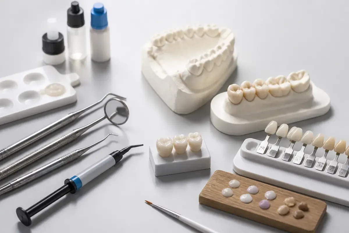 Tools and materials for this type of treatment, laid out on a light surface — an illustration for the section "Compare types of restoration (composite, ceramic)"