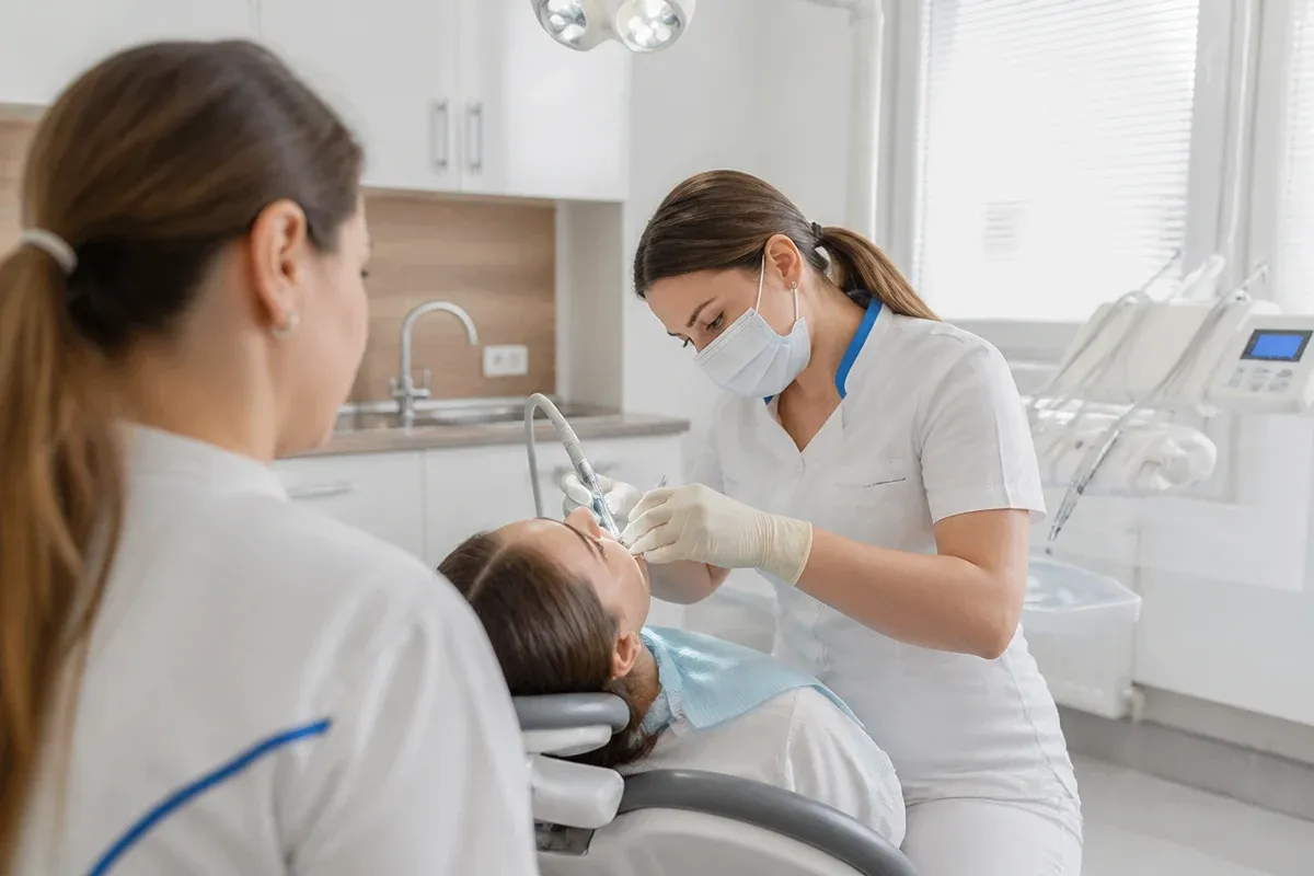 Chairside care: dentist at work, shot over the assistant's shoulder — illustration for the "Composite Restoration" section