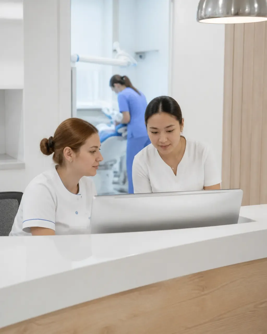 Clinic administrators check the appointment schedule on the screen at the front desk