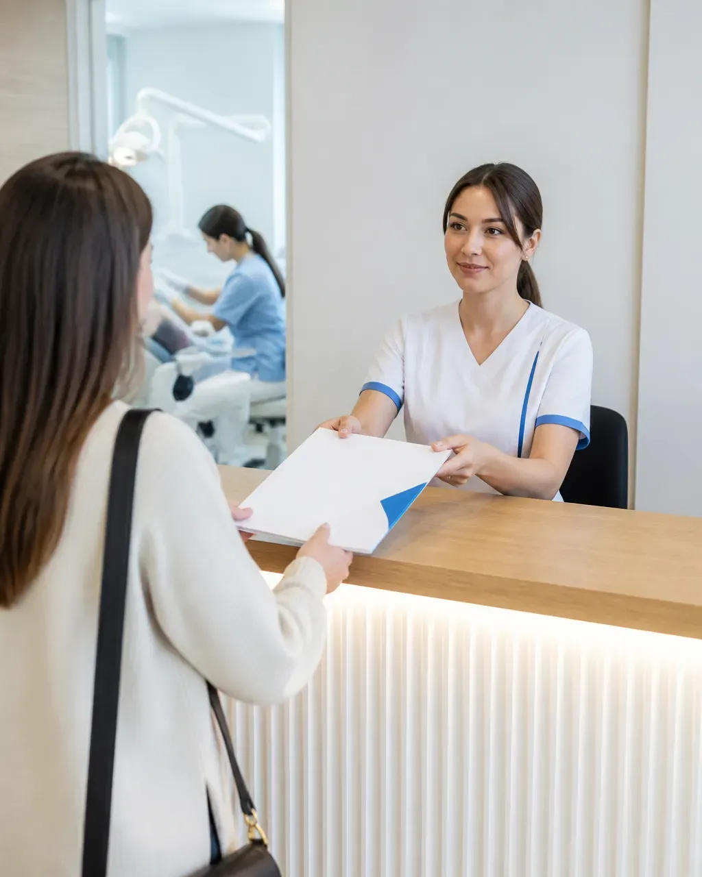 The clinic administrator gives the patient a treatment plan at the front desk