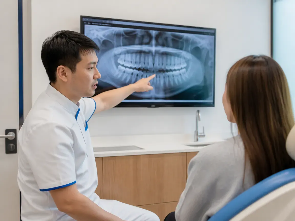 Consultation: doctor and patient at a screen with an X-ray — illustration for the "Orthodontist Consultation" section