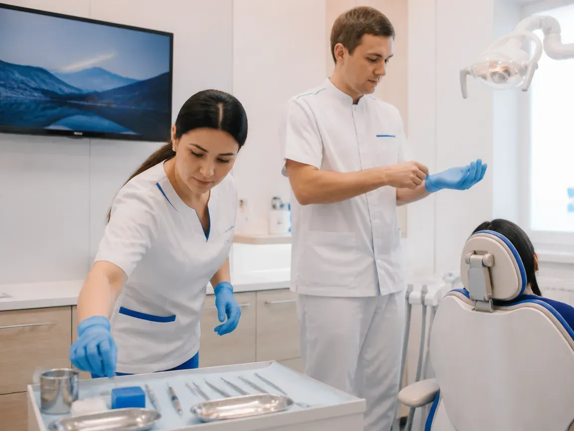Preparation: the assistant lays out sterile instruments, the dentist puts on gloves — illustration for the "Impression Taking" section