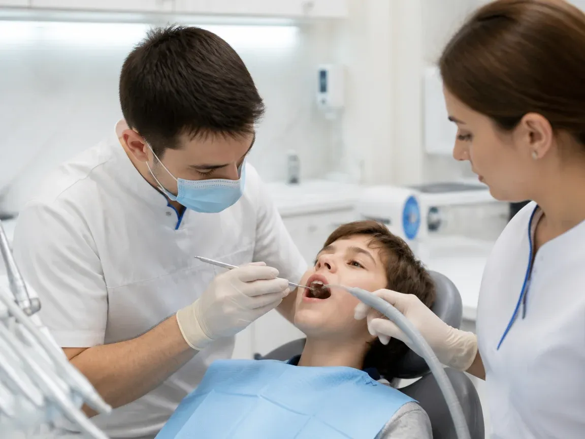 Follow-up visit: the doctor checks the result with a mirror while the assistant holds the saliva ejector — illustration for the section “Cementation or try-in”