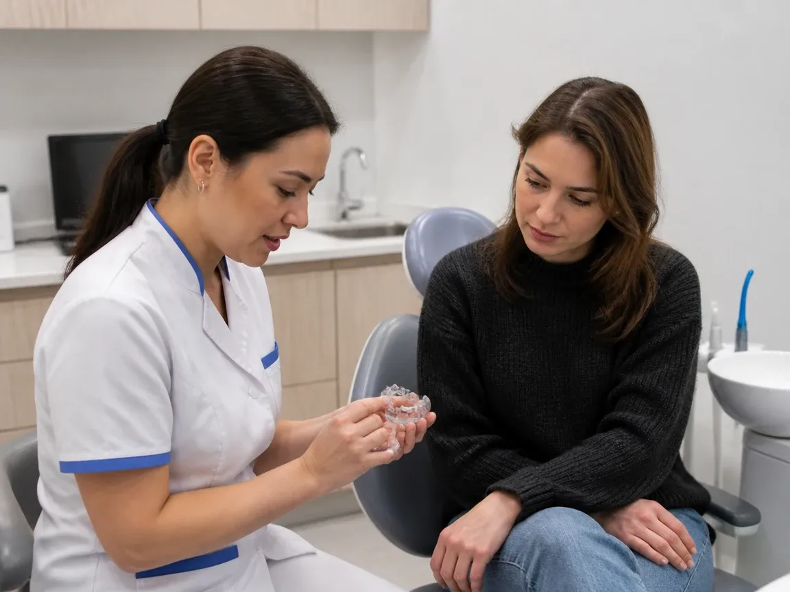 End of appointment: the doctor next to the patient goes over aftercare recommendations — illustration for the "Follow-up examination" section