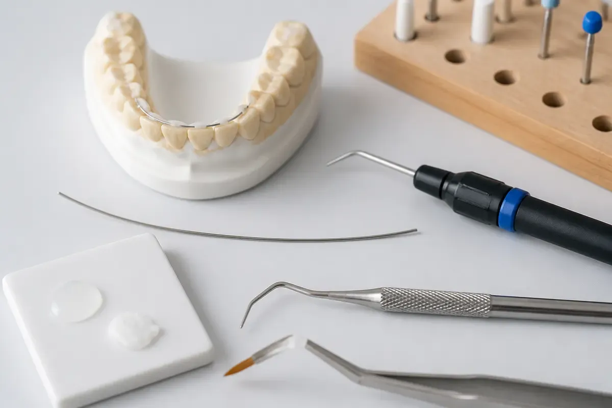 Tools and materials for this type of treatment, laid out on a light surface — an illustration for the section "Fixed retainer"