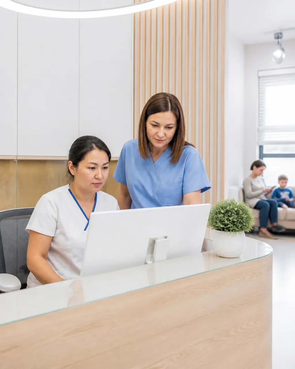 Clinic administrators check the appointment schedule on the screen at the front desk