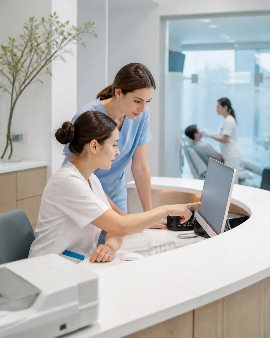 Clinic administrators check the appointment schedule on the screen at the front desk