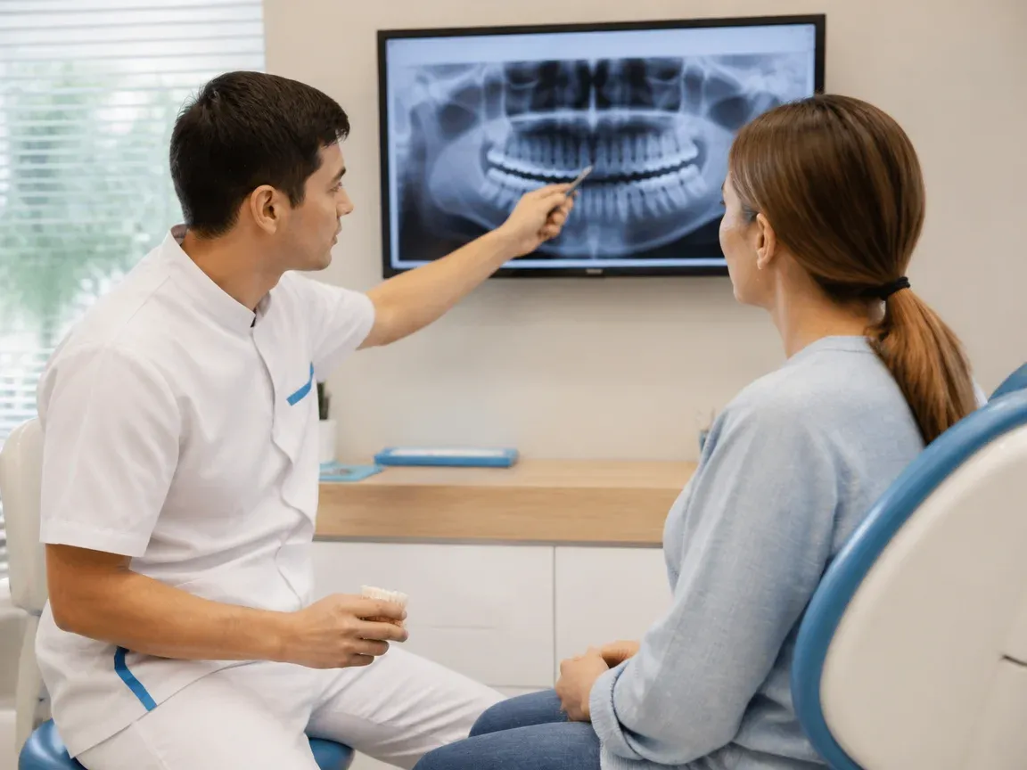Consultation: dentist and patient at a screen with an X-ray — illustration for the "Stages of the procedure" section