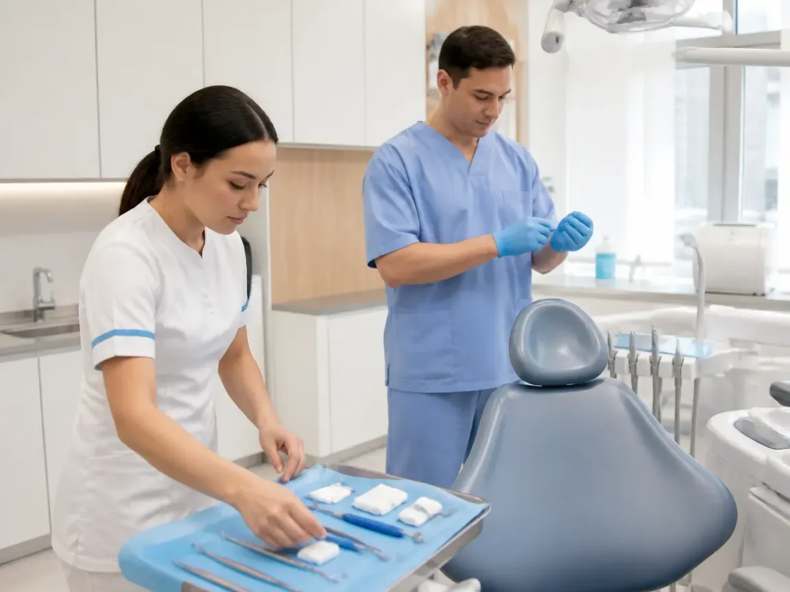 Preparation: the assistant lays out sterile instruments, the dentist puts on gloves — illustration for the section "Preparing the child"